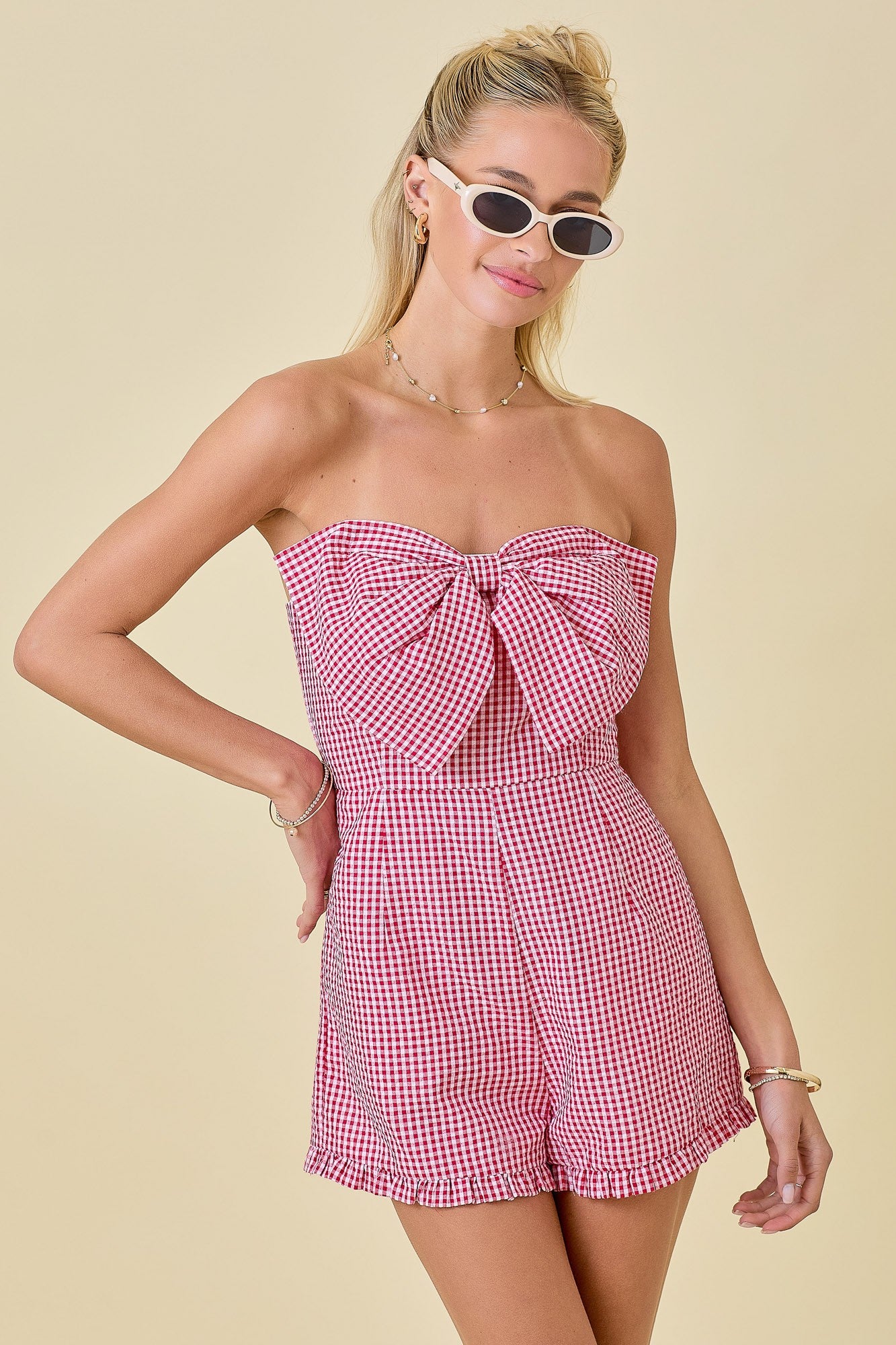 Day+Moon Gingham Red Romper with Bow and Ruffle Detail