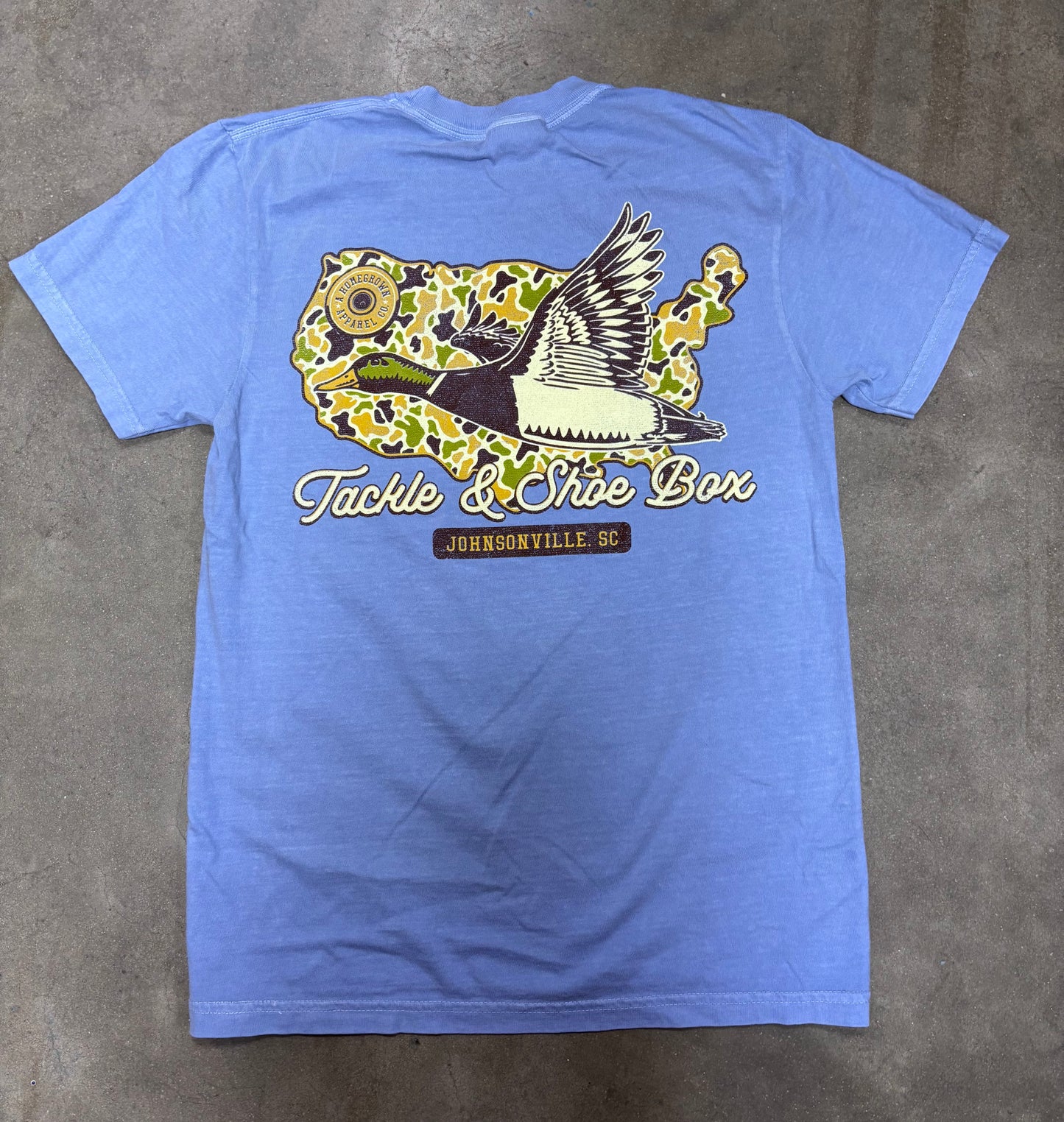 Southern Fried Cotton Droppin’ In Name Drop S/S Tee (The Tackle & Shoe Box) Washed Denim