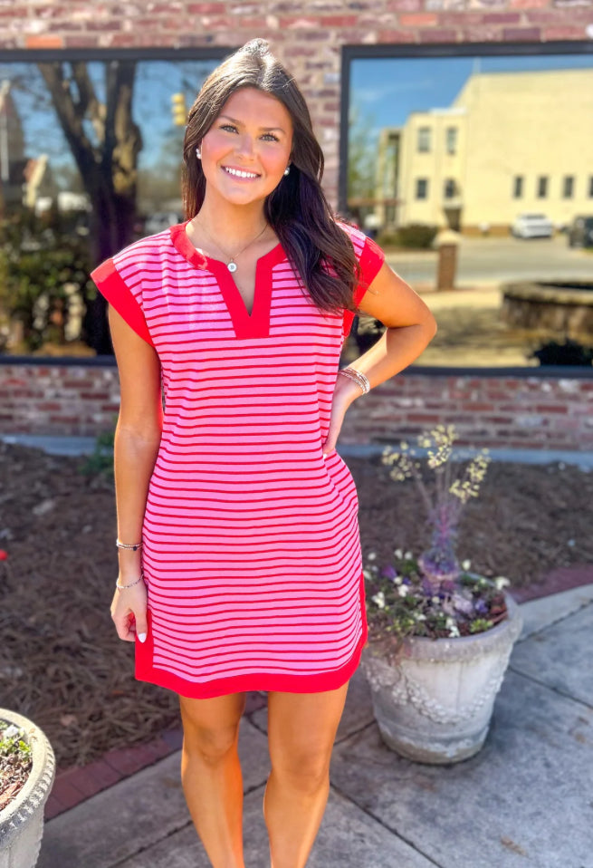She + Sky Pink & Red Striped Dress