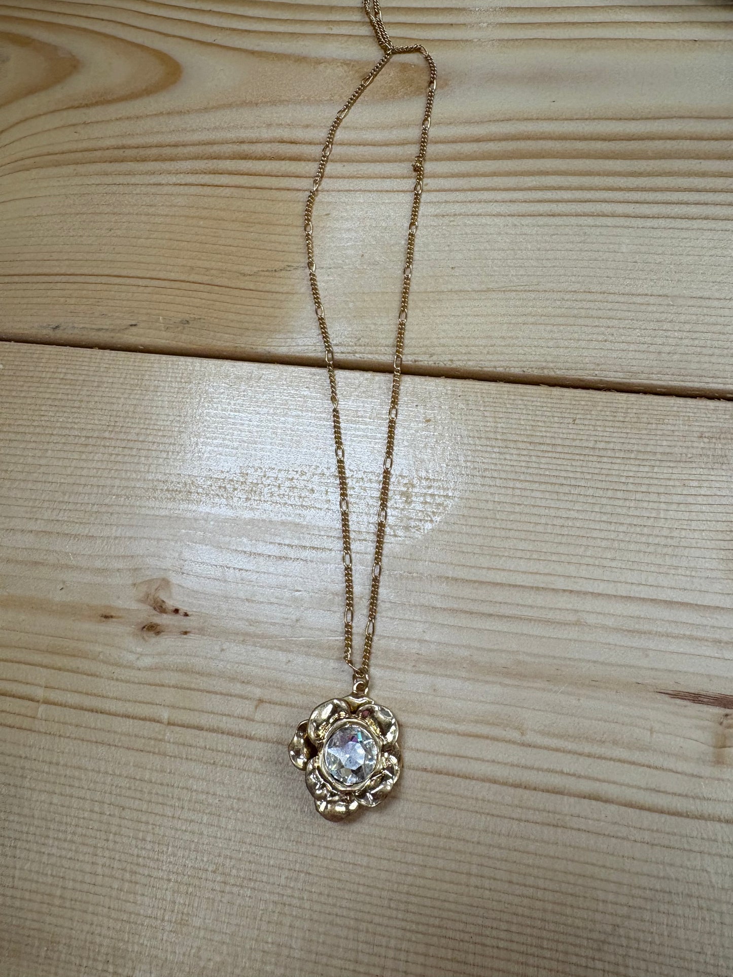 Jane Marie Gold Twisted Bar, Oval Link Chain Necklace With Clear Crystal center Artisan Flower