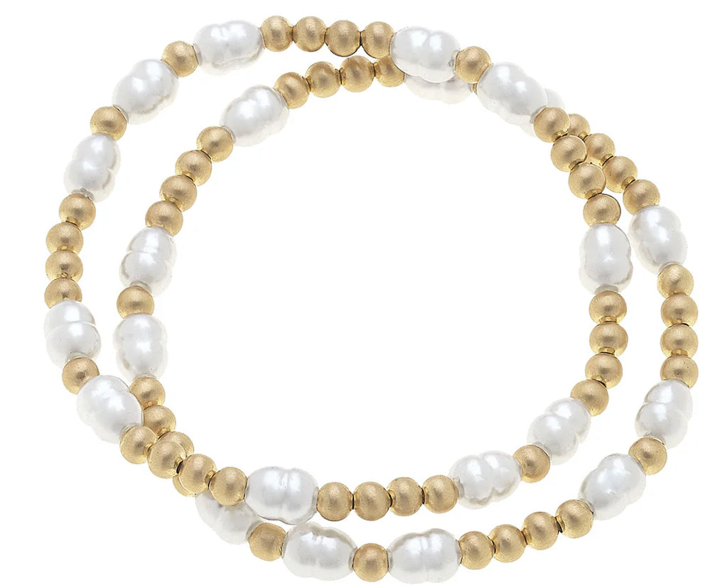 Canvas Morgan Ball Bead & Pearl Stretch Bracelets (Sets Of 2) In Satin Gold