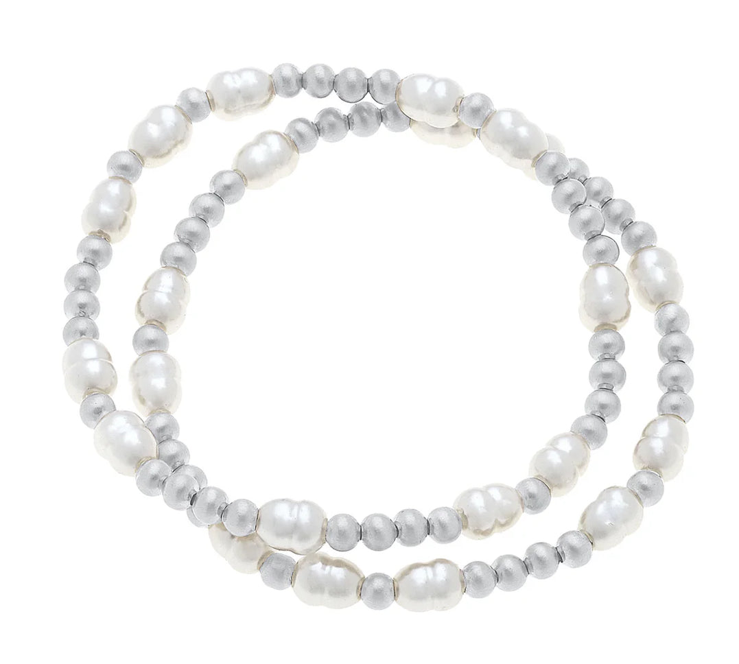 Canvas Morgan Ball Bead & Pearl Stretch Bracelets (Set Of 2) In Satin Silver