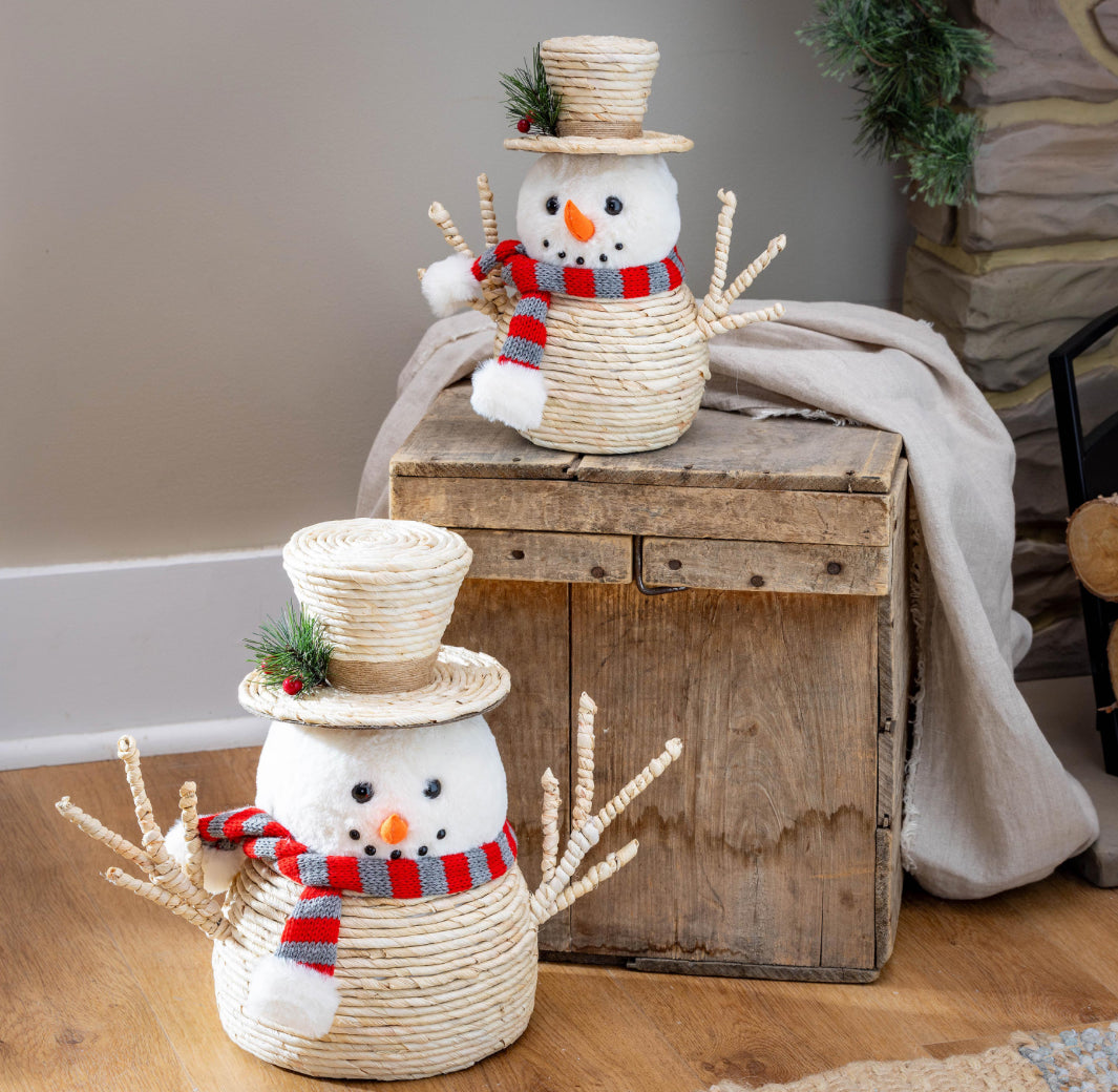 Evergreen Woodland Storybook Table Décor Fabric and Natural Fiber Snowman, Set of 2