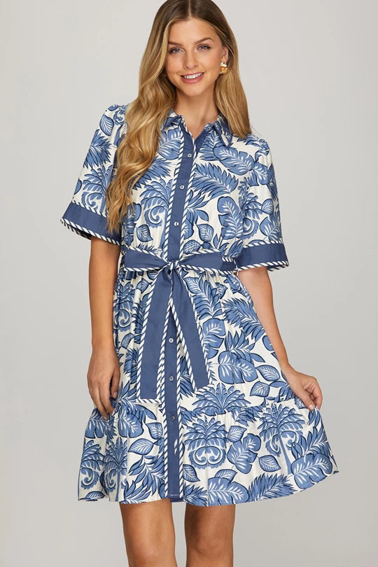 She & Sky Half Sleeve Button Down With Contrast Piping Detail Woven Print Mini Dress With Waist Tie And Pockets Blue