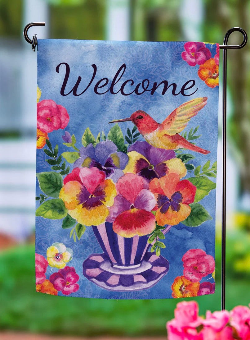 Evergreen Pansies & Hummingbird Tea Cup Suede Garden Flag
