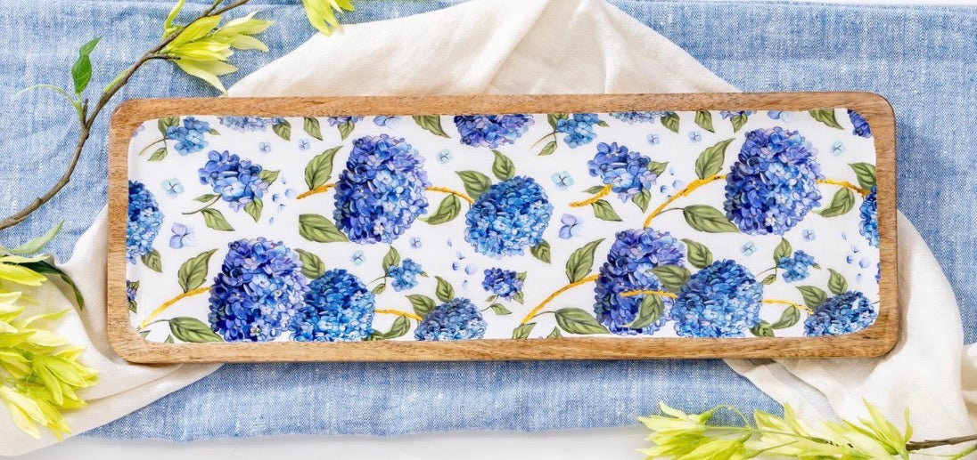Evergreen VivaStyle Serveware, Rectangular Wood Serving Tray, Hydrangea, 18"L