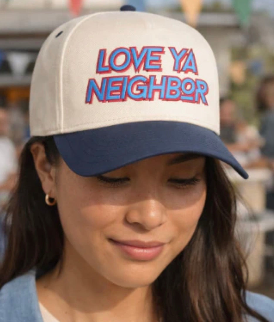 Grace + Emma Love Ya Neighbor" on Tan Cap with Navy Bill