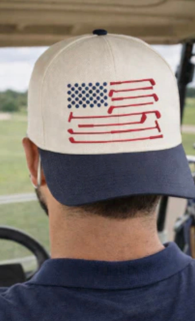Grace +Emma USA Golf Clubs on Tan Cap with Navy Bill