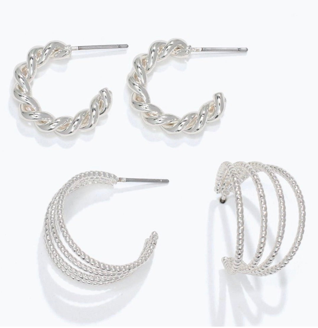Periwinkle twisted and textured silver hoops