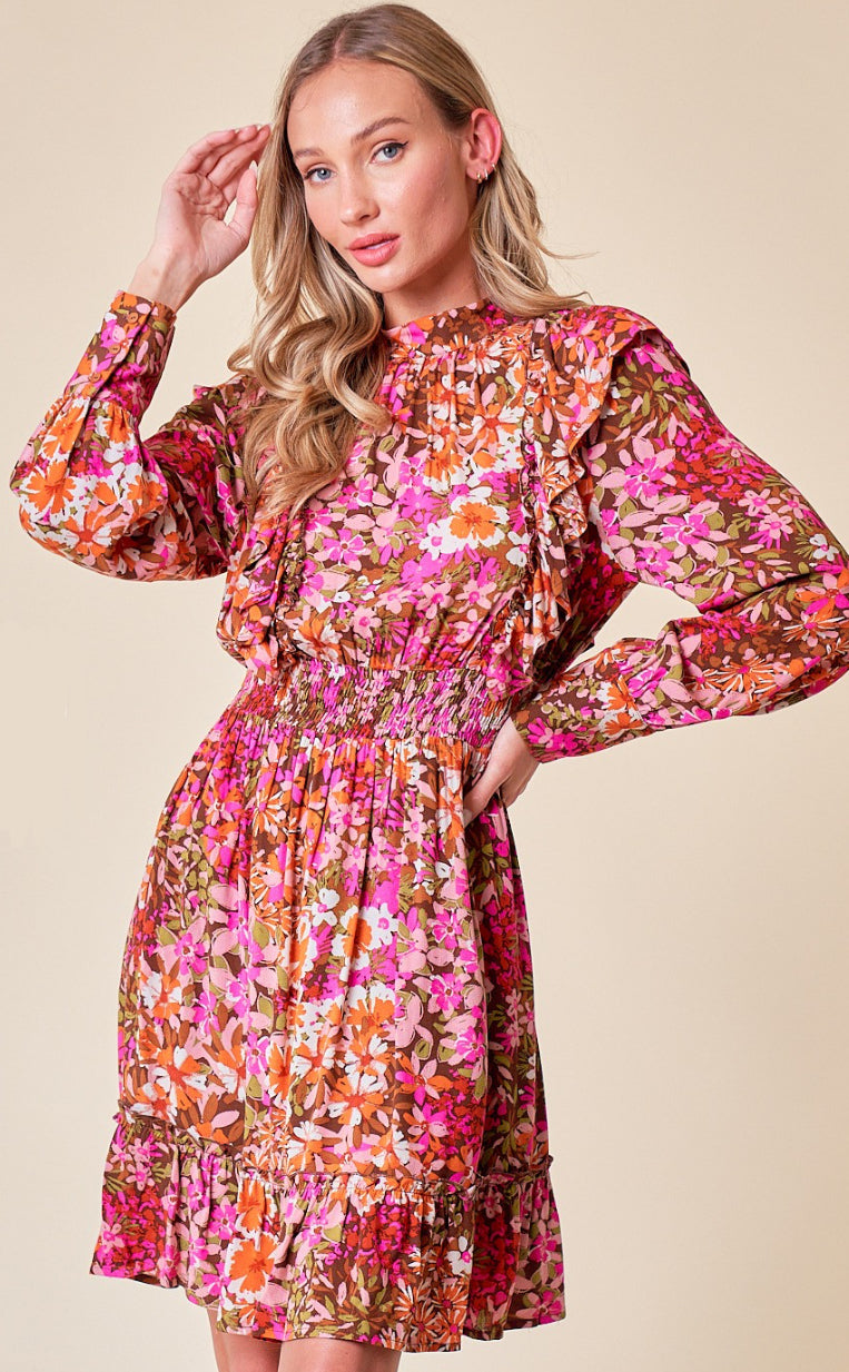 Doe And Rae Pink Ruffle Floral Dress