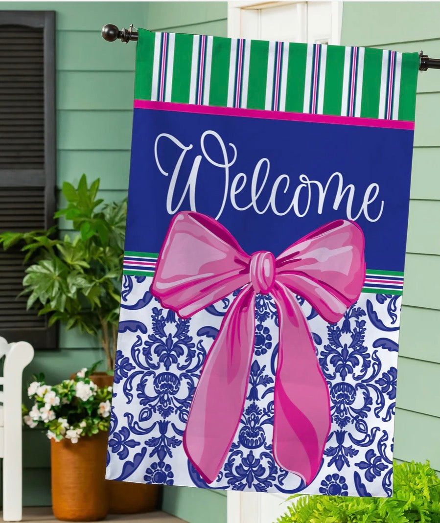 Evergreen Welcome Bow Chinoiserie House Flag
