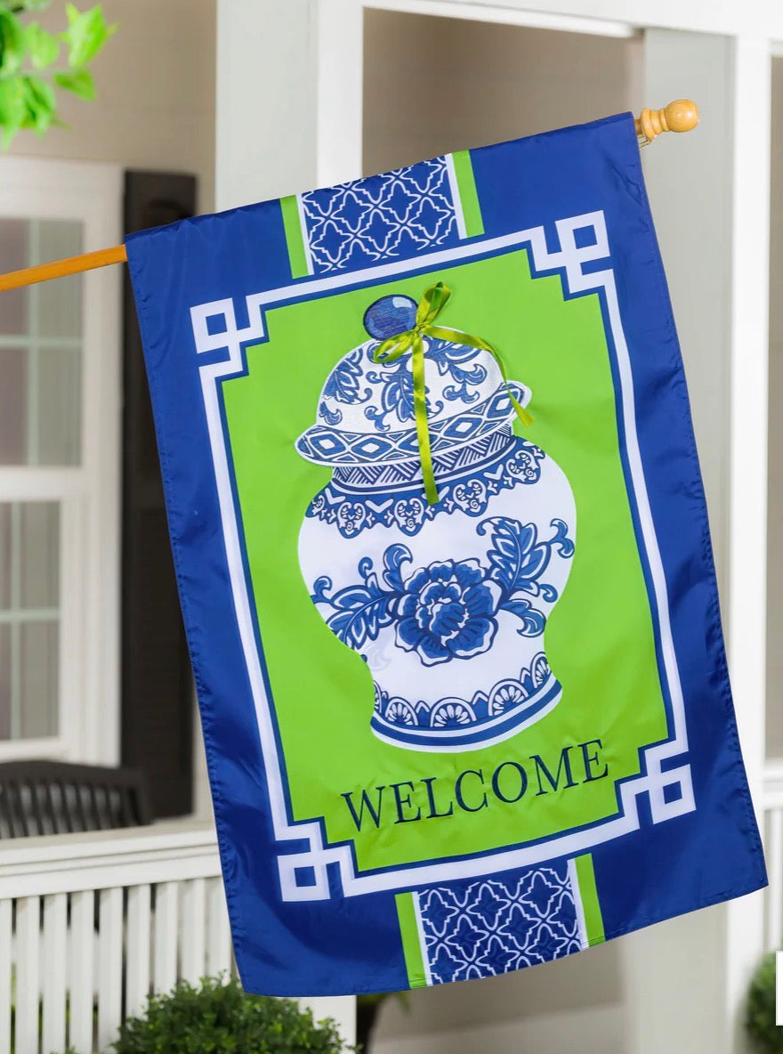 Evergreen Chinoiserie Welcome Applique Large Flag