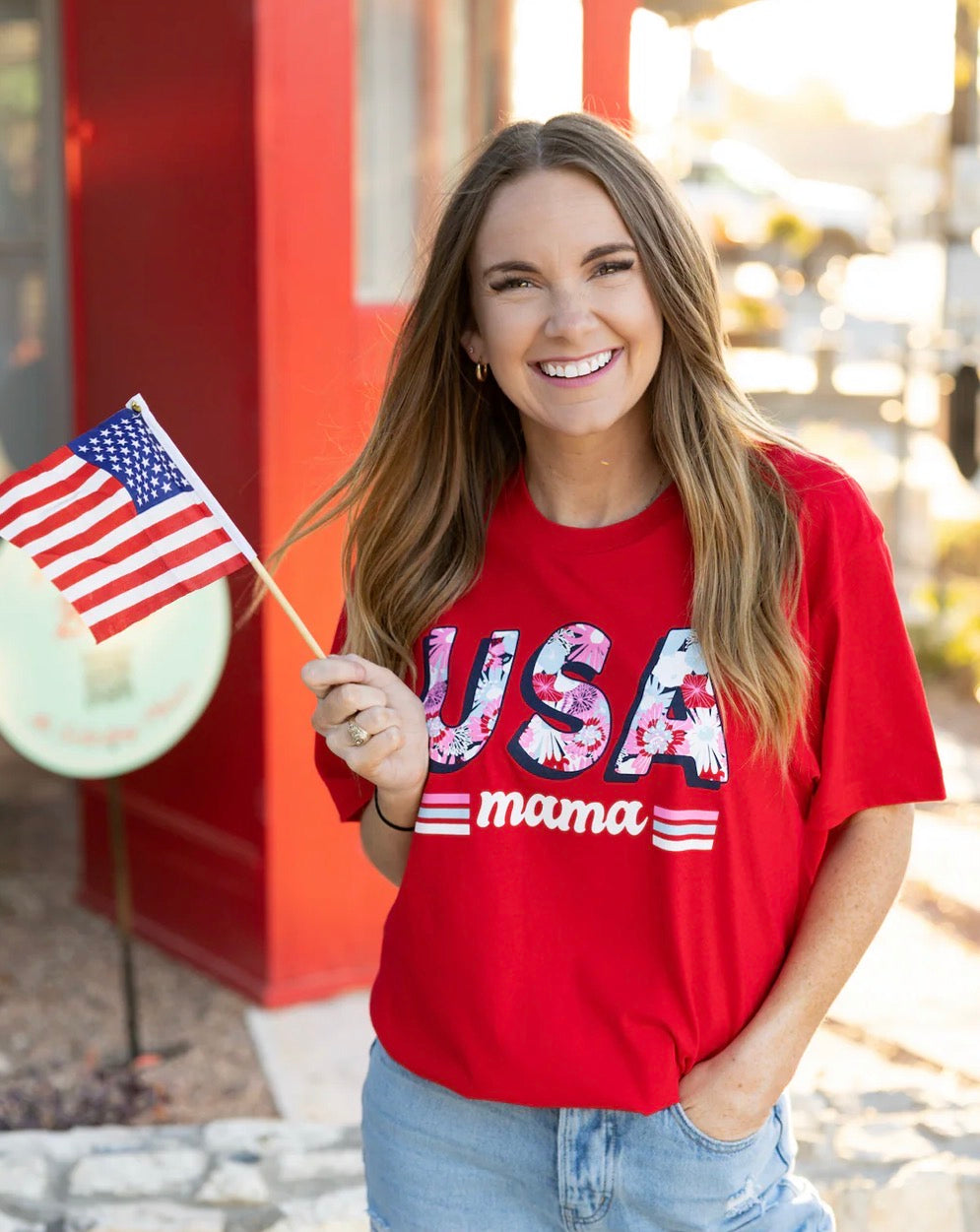 Jadelynn Brooke USA Mama S/S Crew Red