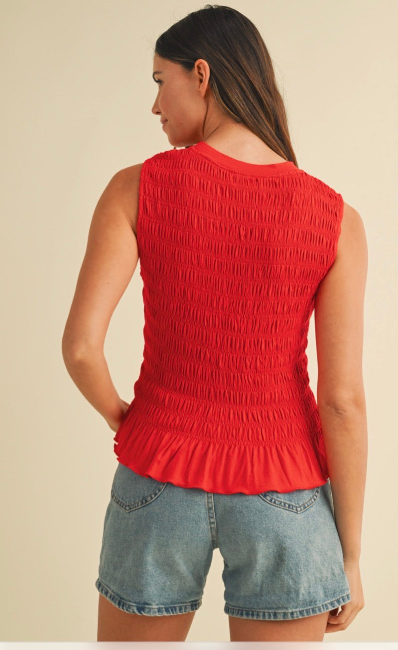 Red Smocking Detail Ruffle Hem Knit Tank Top Smocking Detail Ruffle Hem Knit Tank Top AT2845W