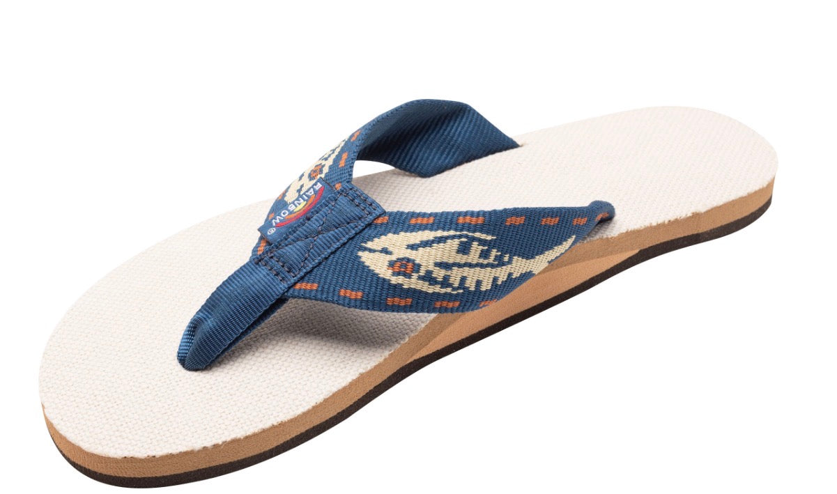 Rainbow Sandal Women’s Hemp Natural Blue Strap Gold Fish