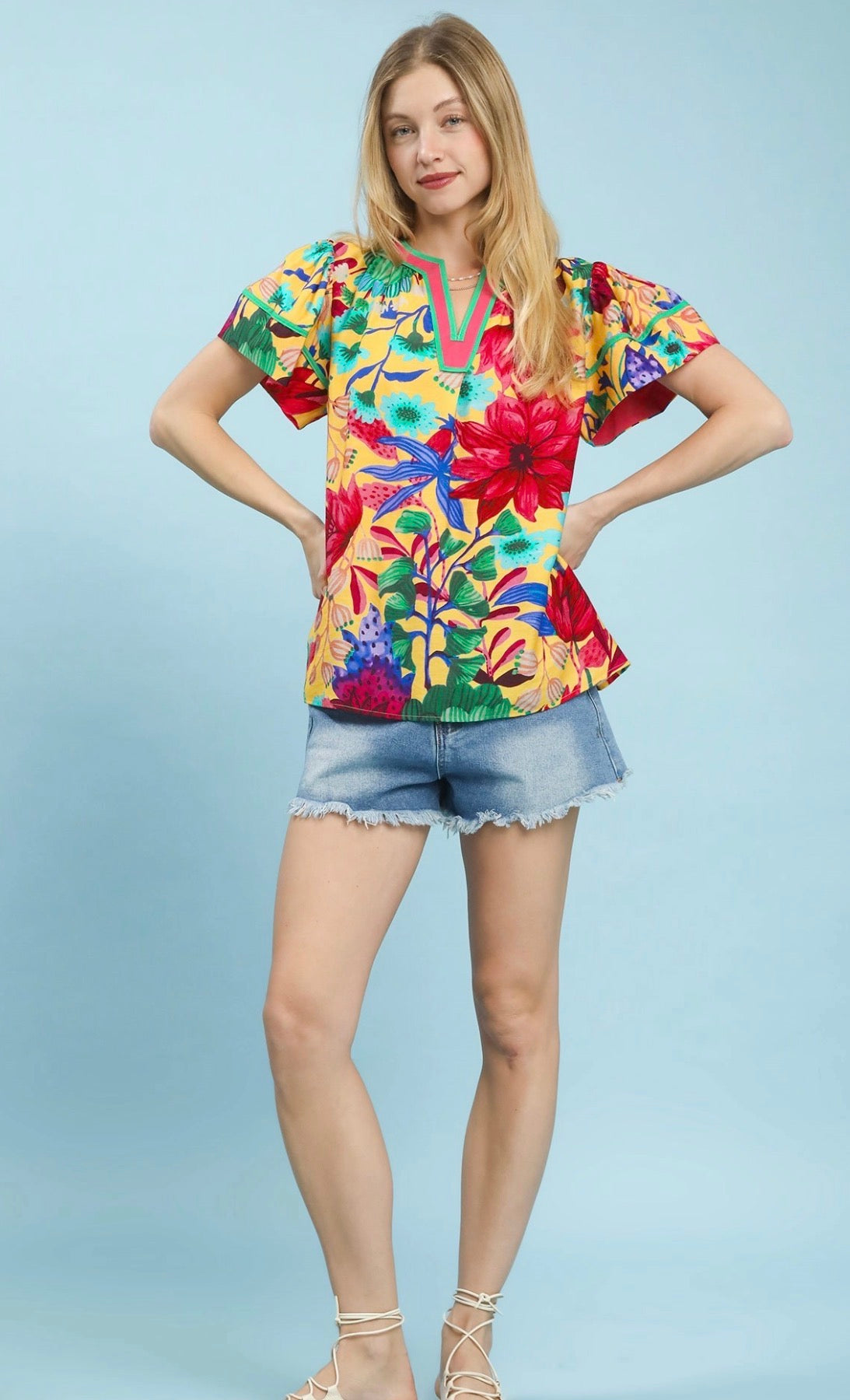 Mix Floral Short Sleeve Top with Contrast Trim- Honey Mix SML C5971