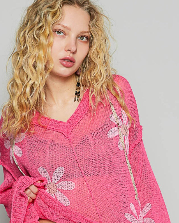 Pol V-neck long sleeve floral print hoodie sweater Pink