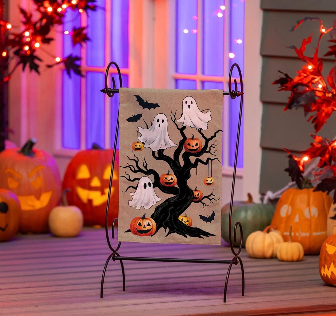 Evergreen Halloween Festive Tree Burlap Flag, Garden