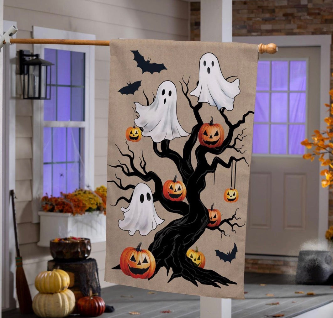 Evergreen Halloween Festive Tree Burlap Flag, House