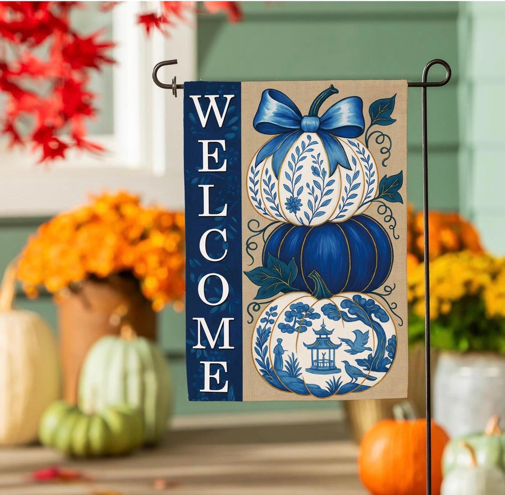 Evergreen Chinoiserie Welcome Pumpkin Burlap Flag, Garden Sku: BF863YBGF525