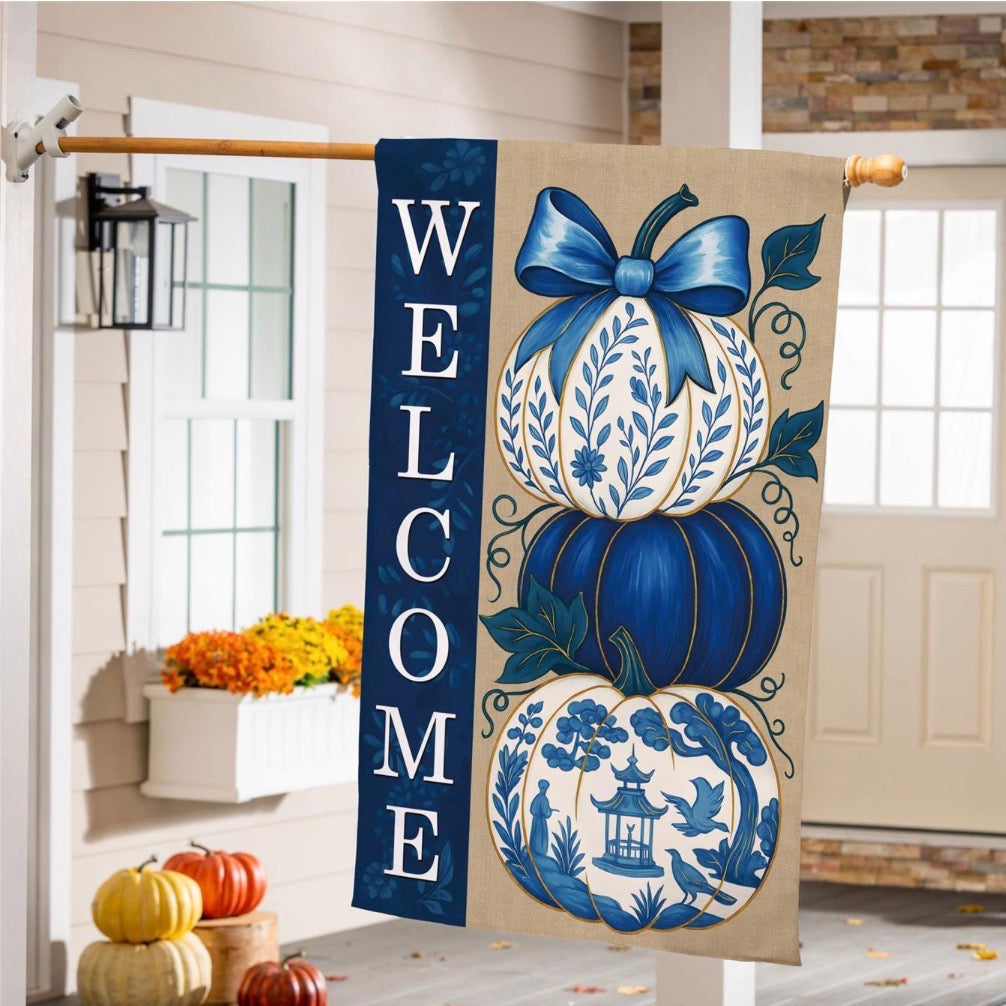 Evergreen Chinoiserie Welcome Pumpkin Burlap Flag, House Sku: BFQ5XRBHF525