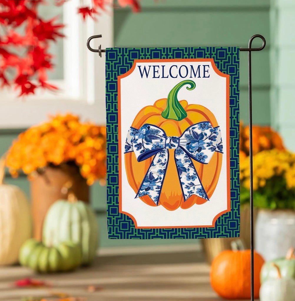 Evergreen Pumpkin With Chinoiserie Bow Burlap Flag, Garden: BFSHBBBGF525