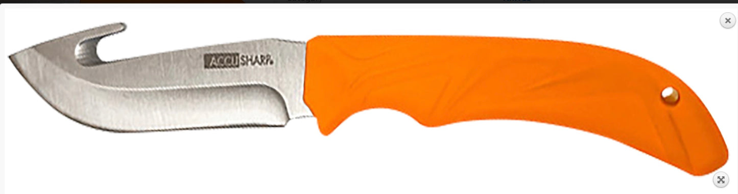 AccuSharp 729C Gut Hook 3.50" Fixed Gut Hook Plain Stainless Steel Blade/Blaze Orange Rubber Handle Includes Belt Carry Pouch