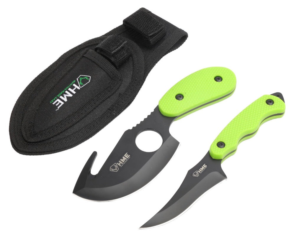HME HMEKN2PSGC Skinning Kit 3.50" Fixed Skinner w/Gut Hook/Caping Plain/Gut Hook Black Oxide 420HC Blade, TPR Green Handle