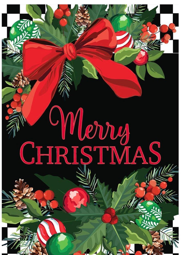 Evergreen Floral Checkered Merry Christmas Applique Flag, house