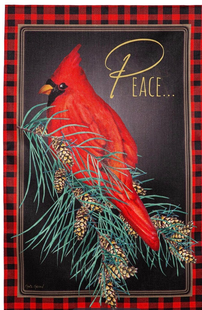 Evergreen Cardinal Peace Burlap House Flag