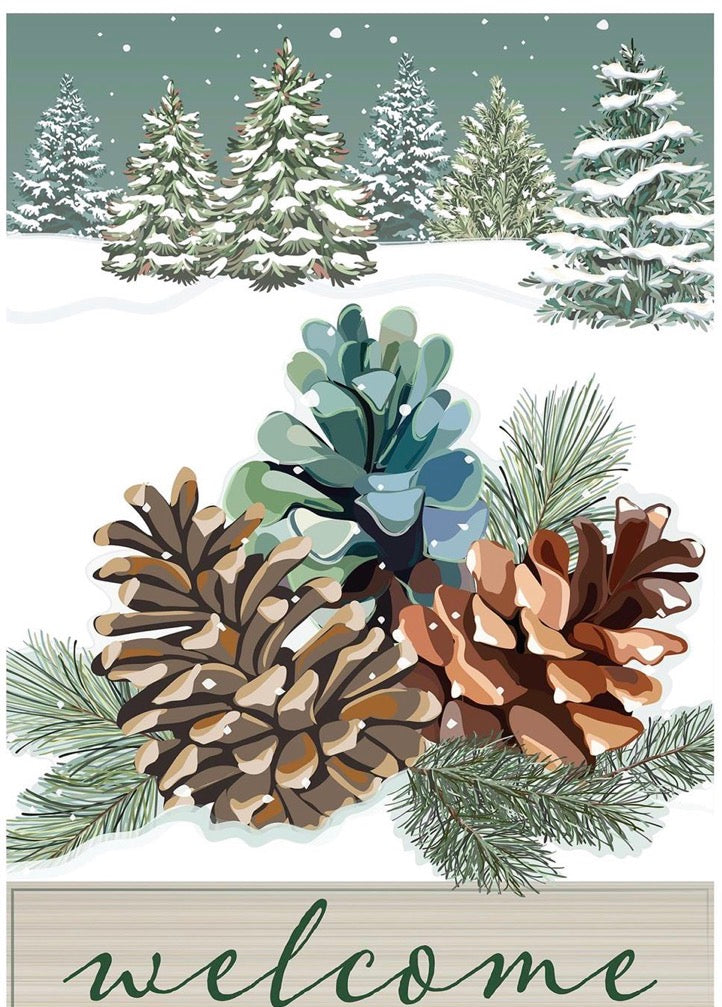 Evergreen Winter Pinecones Applique House Flag