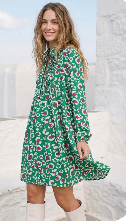 She & Sky LONG SLEEVE WOVEN LEOPARD PRINT DRESS