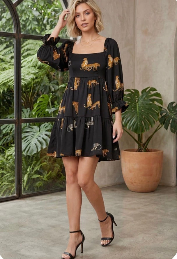 She & Sky 3/4 SLEEVE TIERED JAGUAR PRINTED SATIN DRESS