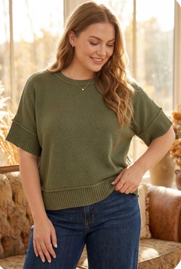 She & Sky PLUS - DROP HALF SLEEVE CREW NECK SWEATER
