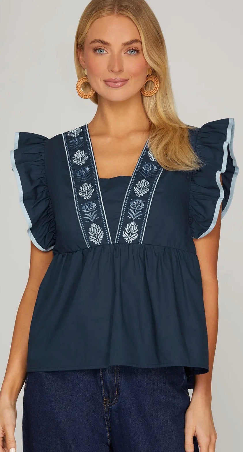 She & Sky Navy Ruffle Sleeve Embroidered Top