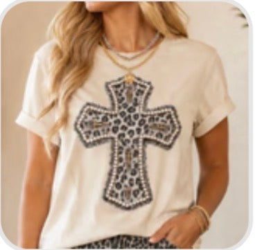 Leopard Cross Faux Embroidery Tee