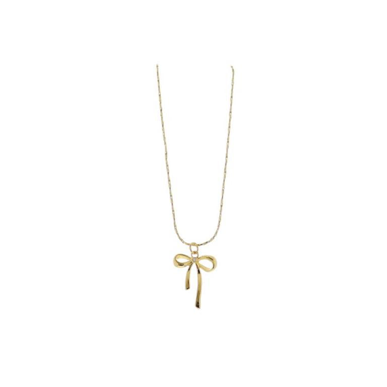 Jane Marie 18K Gold Plated Flat Wheat Chain Necklace with Gold Bow with Center Clear Crystal