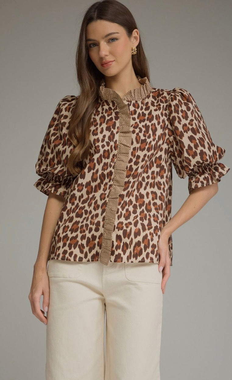 Entro Leopard print puff sleeve top featuring ruffle trim band collar