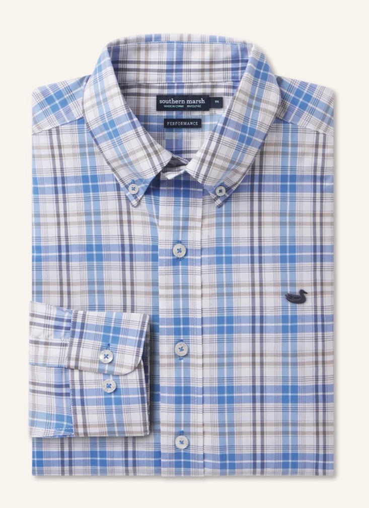 Southern Marsh Highlands Lattice Performance Dress Shirt - French Blue & Navy Plaid