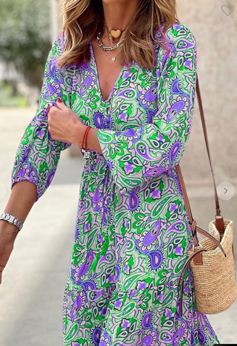 Charmo Floral Long Sleeve V Neck Ruffle Boho Maxi Dress