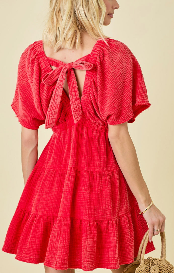 Day + Moon Washed Red Cotton Gauze V Neck Tiered Dress W Tie Detail At Back