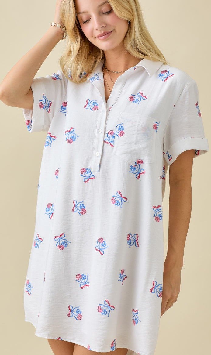 Day + Moon Cherry Americana Button Down Shirt Dress With Pockets