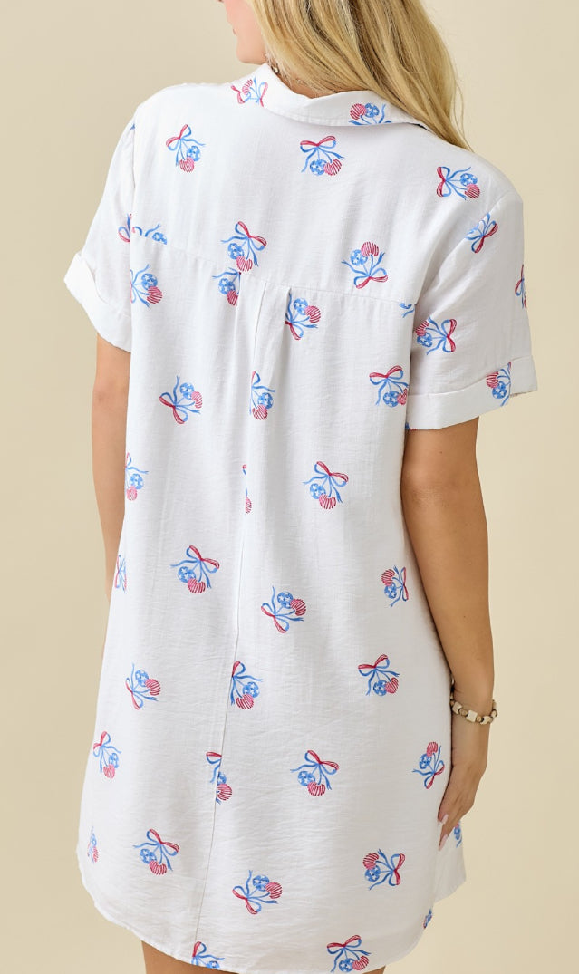 Day + Moon Cherry Americana Button Down Shirt Dress With Pockets