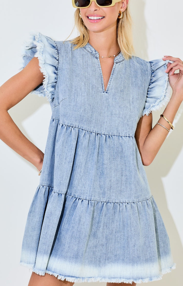 Day + Moon Denim Tiered Mini Dress With Ruffles And Raw Edge