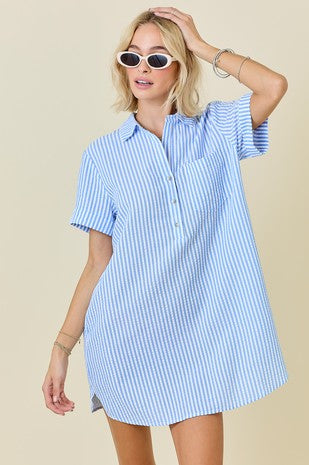 Day + Moon Striped Seersucker Easy Shirt Dress W/ Pockets