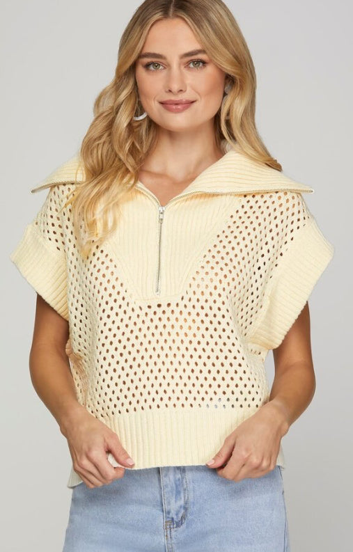 She & Sky Collared Drops Shoulder Half Zip sweater Top