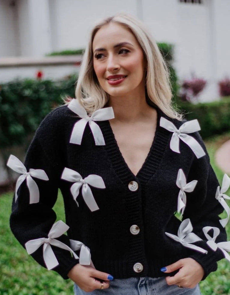 Katydid Satin Bow Long Sleeve Knit Cardigan