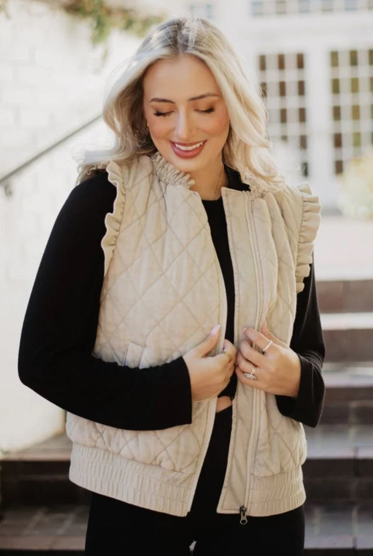 Katydid Garment Washed Quilted Ruffle Sleeve Vests Beige