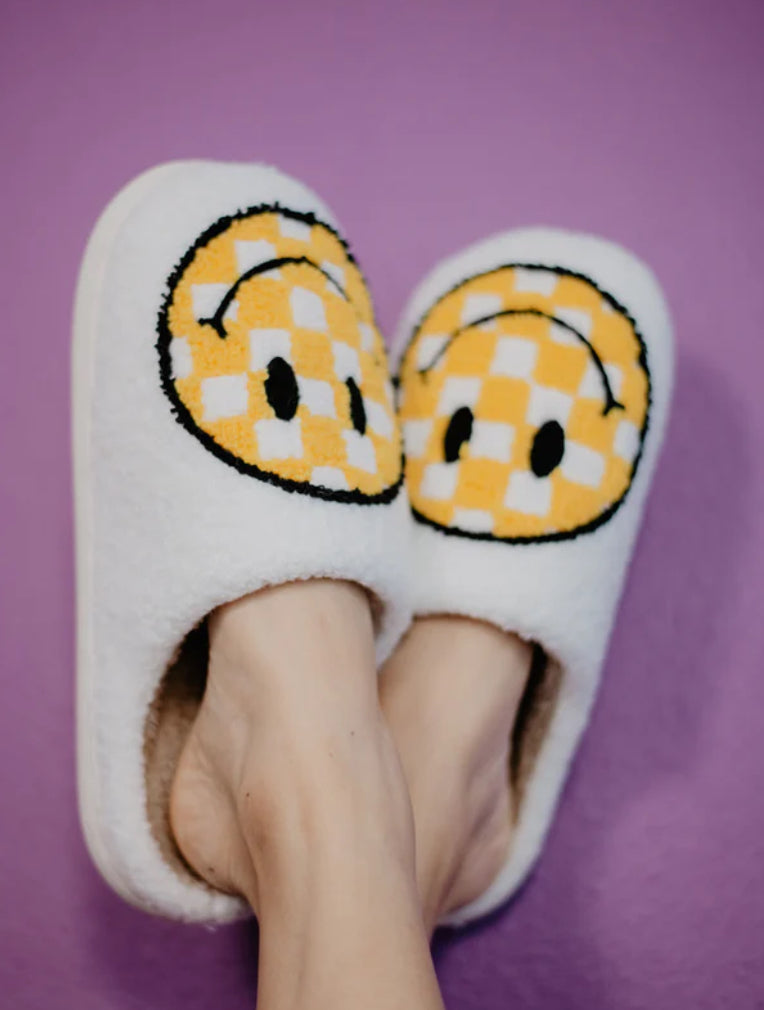 Katydid Yellow Checkered Pattern Happy Face Slippers