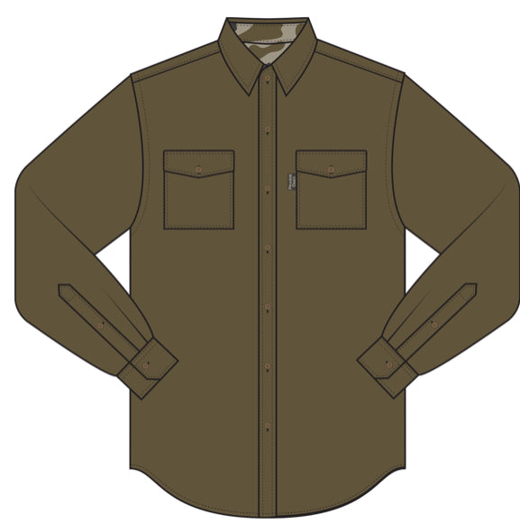 Prairie Oak Bottoms Button Down Traditions Camo Olive